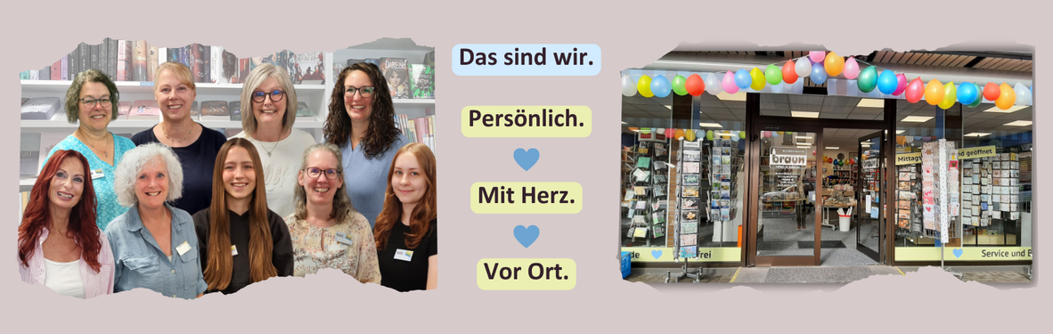 Man sieht ein Foto mit den Mitgliedern des Teams sowie eine Außenansicht der Buchhandlung. Man sieht ein Foto mit den Mitgliedern des Teams sowie eine Außenansicht der Buchhandlung.